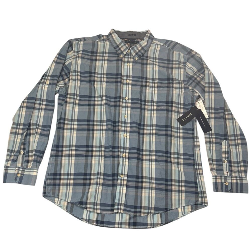 Plaid Button Down Shirt Mens XXL Blue Slim Fit Cotton Preppy Tommy Hilfiger